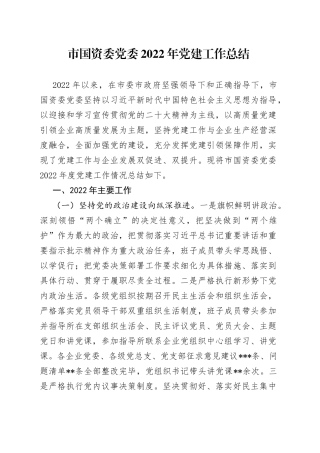 市国资委党委2022年党建工作总结
