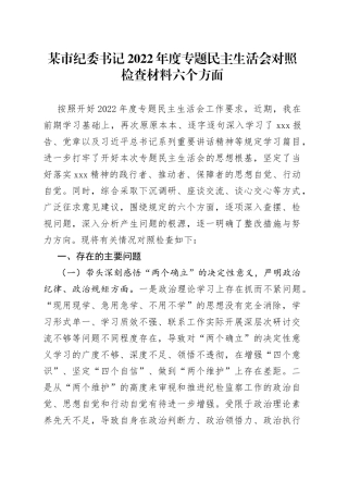 市纪委书记2022年度专题民主生活会对照检查材料（六个方面）