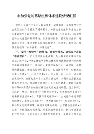 市加强党的基层组织体系建设情况汇报