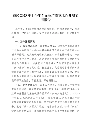 市局2023年上半年全面从严治党工作开展情况报告