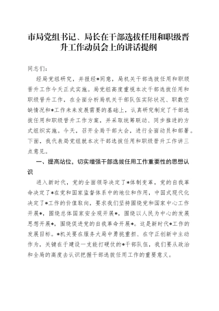 市局党组书记、局长在干部选拔任用和职级晋升工作动员会上的讲话提纲