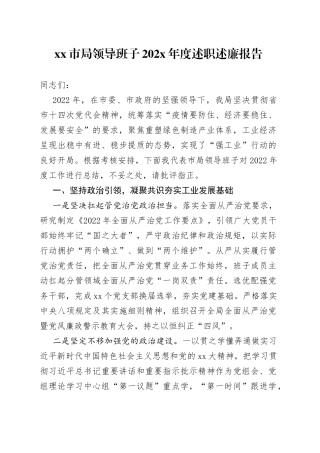 市局领导班子202X年度述职述廉报告