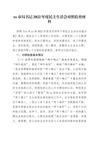 市局书记2022年度民主生活会对照检查材料