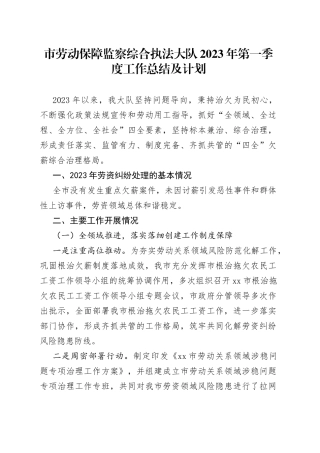 市劳动保障监察综合执法大队2023年第一季度工作总结及计划