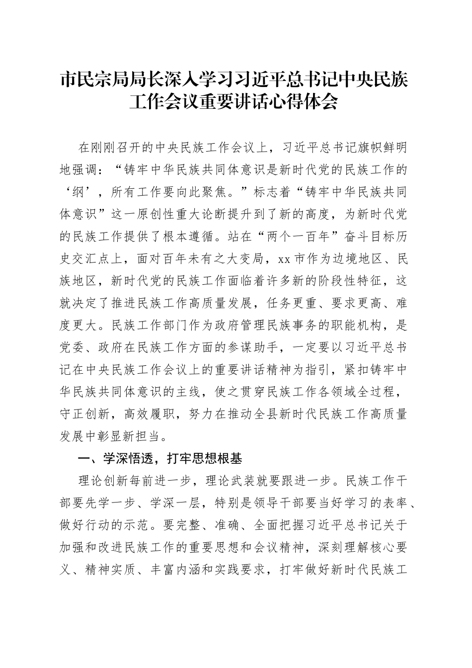 市民宗局局长深入学习习近平总书记中央民族工作会议重要讲话心得体会_第1页
