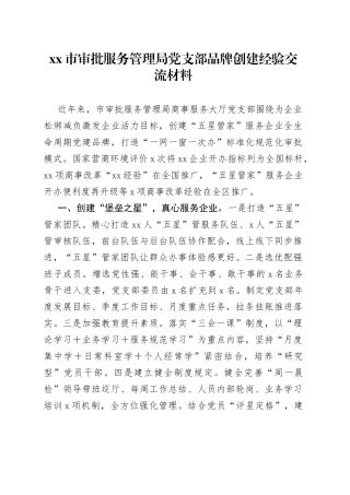 市审批服务管理局党支部品牌创建经验交流材料