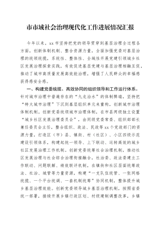 市市域社会治理现代化工作进展情况汇报
