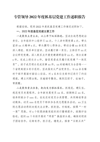 专管领导2022年度抓基层党建工作述职报告