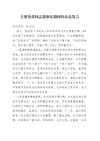 主要负责同志巡察反馈时的表态发言