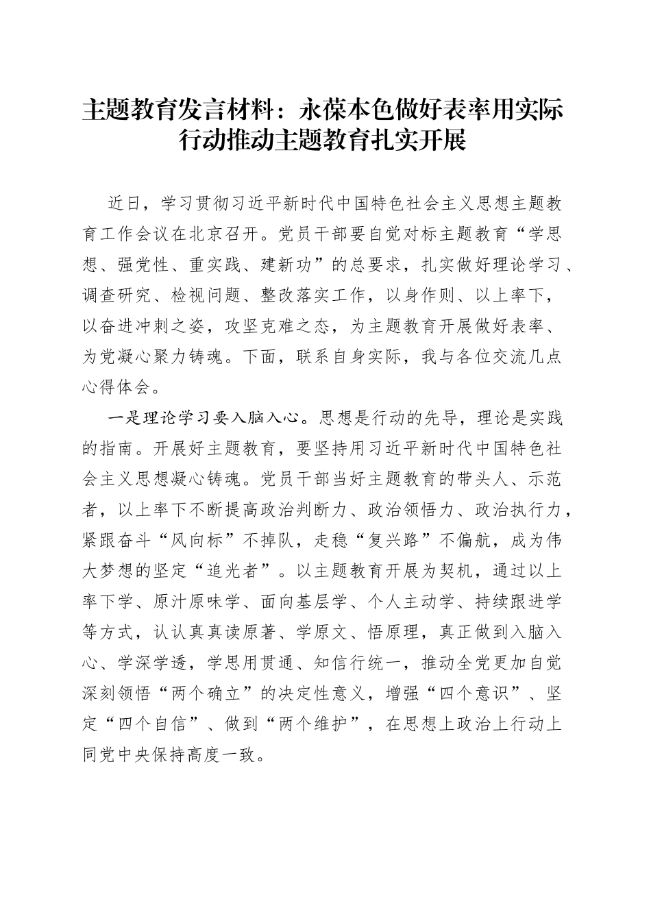 主题教育发言材料：永葆本色做好表率 用实际行动推动主题教育扎实开展_第1页