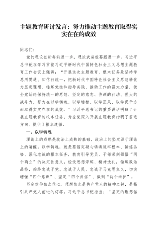 主题教育研讨发言：努力推动主题教育取得实实在在的成效