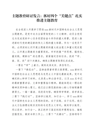 主题教育研讨发言：抓好四个“关键点” 扎实推进主题教育