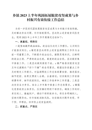 乡镇2023上半年巩固拓展脱贫攻坚成果与乡村振兴有效衔接工作总结