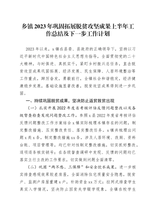 乡镇2023年巩固拓展脱贫攻坚成果上半年工作总结及下一步工作计划