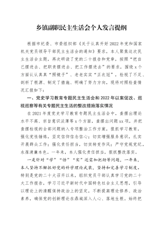 乡镇副职民主生活会个人发言提纲