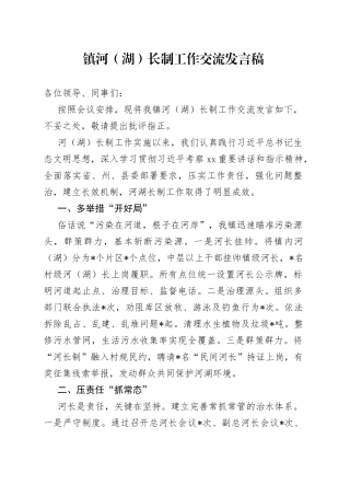 乡镇河（湖）长制工作交流发言稿
