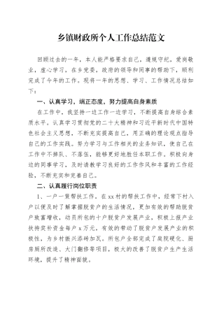 乡镇财政所个人工作总结范文（干部工作人员个人述职报告，工作汇报）