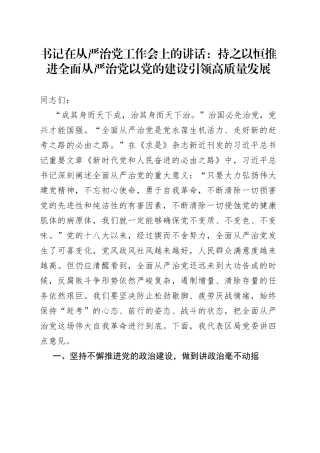 书记在从严治党工作会上的讲话：持之以恒推进全面从严治党以党的建设引领高质量发展