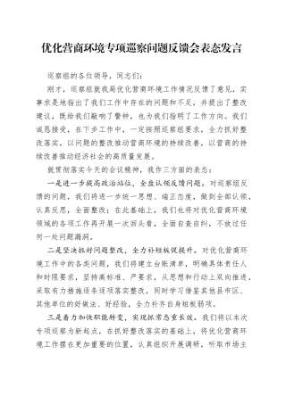 优化营商环境问题反馈会表态发言