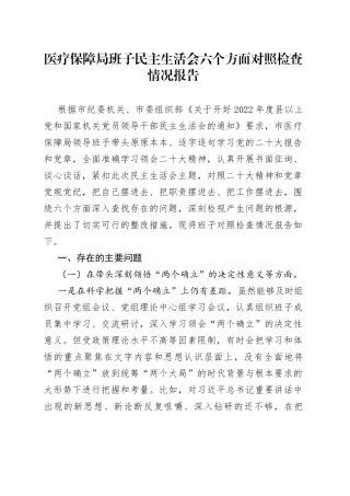 医疗保障局班子民主生活会六个方面对照检查情况报告