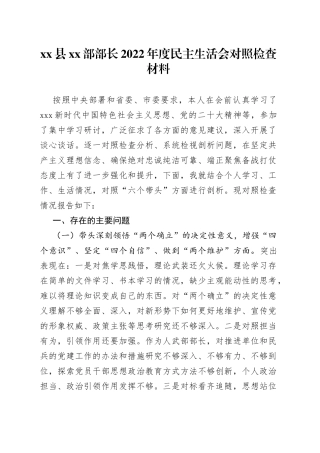 县XX部部长2022年度民主生活会对照检查材料