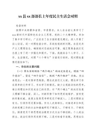 县XX部部长上年度民主生活会对照检查材料
