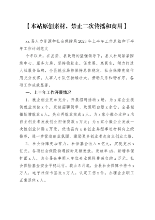 县人力资源和社会保障局2023年上半年工作总结和下半年计划（汇报报告）