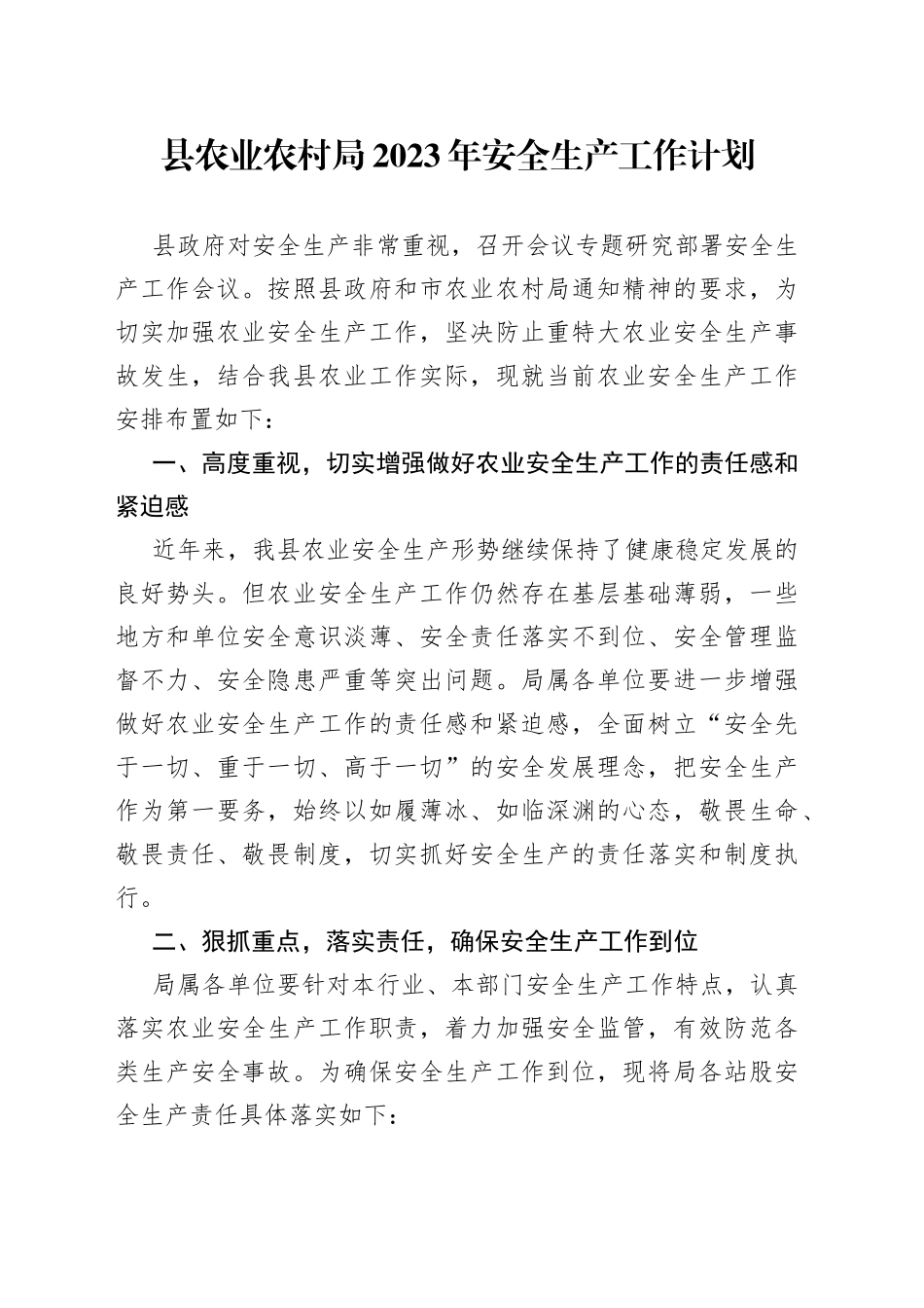 县农业农村局2023年安全生产工作计划_第1页