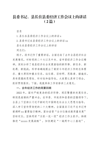 县委书记、县长在县委经济工作会议上的讲话（2篇）