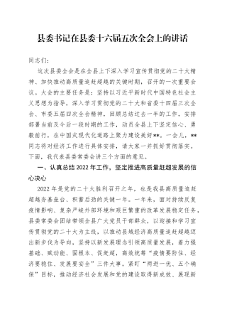 县委书记在县委十六届五次全会上的讲话