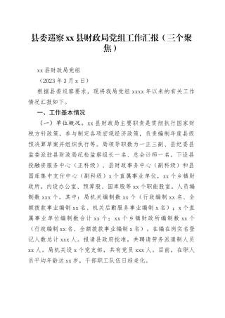 县委巡察县财政局党组工作汇报（三个聚焦）