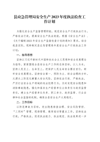 县应急管理局安全生产2023年度执法检查工作计划