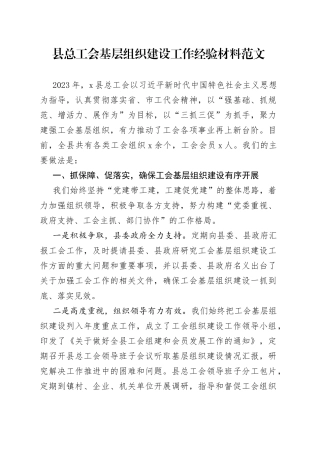 县总工会基层组织建设工作经验材料总结汇报报告