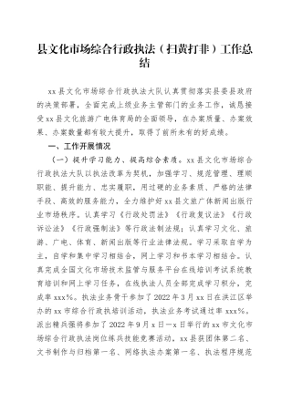县文化市场综合行政执法（扫黄打非）工作总结