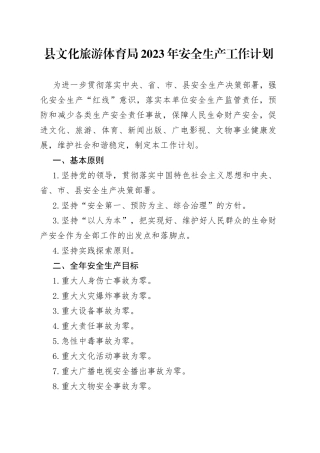 县文化旅游体育局2023年安全生产工作计划