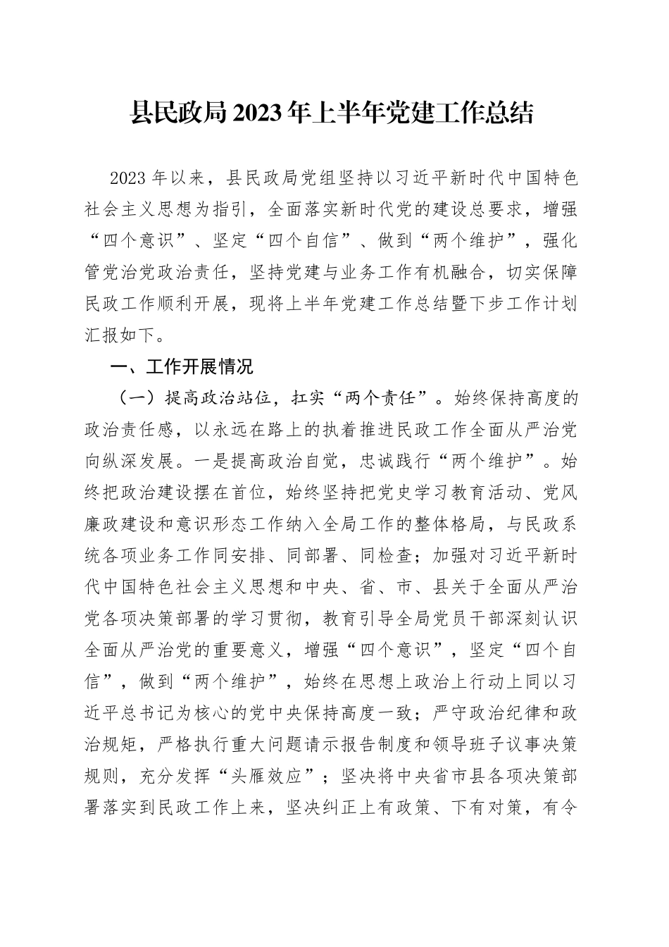 县民政局2023年上半年党建工作总结(1)_第1页