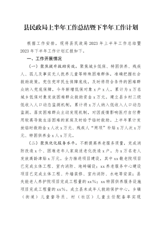 县民政局上半年工作总结暨下半年工作计划