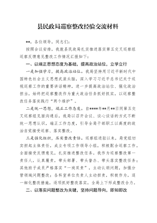 县民政局巡察整改经验交流材料(1)