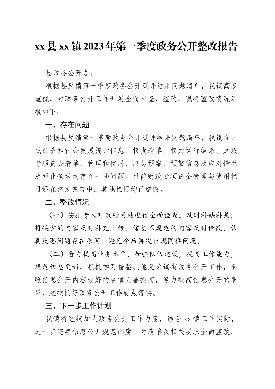 县镇2023年第一季度政务公开整改报告（20230401）_第1页