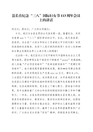 县长在纪念“三八”国际妇女节113周年会议上的讲话
