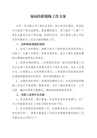 双向挂职锻炼工作方案