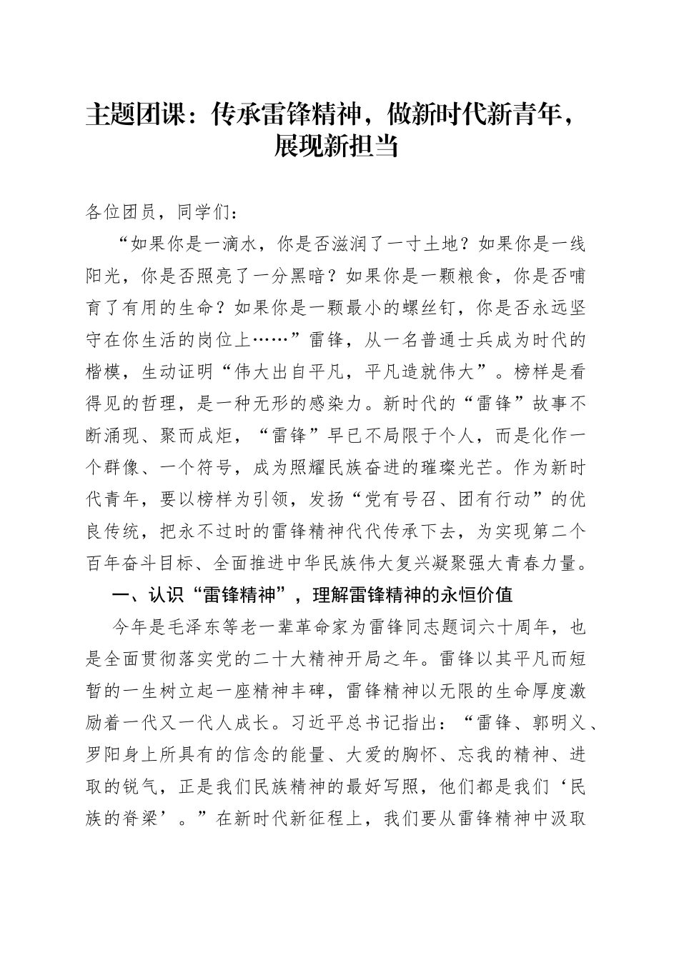 团课传承雷锋精神做新时代新青年展现新担当共青团讲稿_第1页