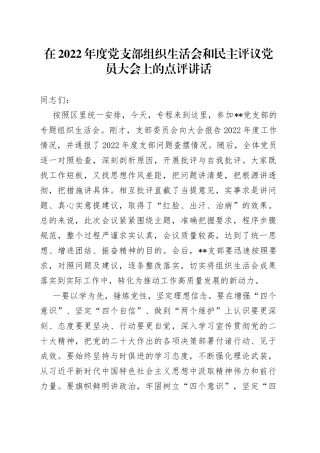 在2022年度党支部组织生活会和民主评议党员大会上的点评讲话