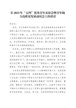 在2023年“五四”优秀青年表彰会暨青年助力高质量发展动员会上的讲话