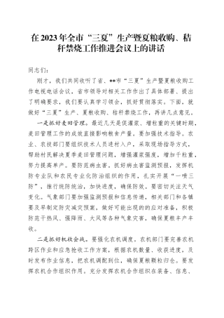 在2023年全市“三夏”生产暨夏粮收购、秸秆禁烧工作推进会议上的讲话