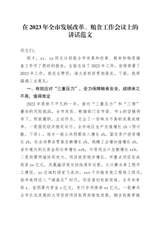 在2023年全市发展改革、粮食工作会议上的讲话范文