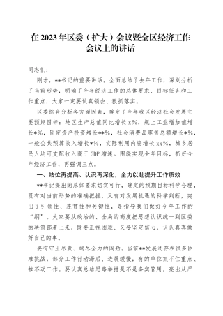 在2023年区委（扩大）会议暨全区经济工作会议上的讲话-写材料范文