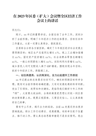 在2023年区委（扩大）会议暨全区经济工作会议上的讲话