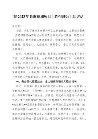在2023年县财税和项目工作推进会上的讲话