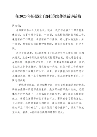 在2023年新提拔干部任前集体谈话讲话稿